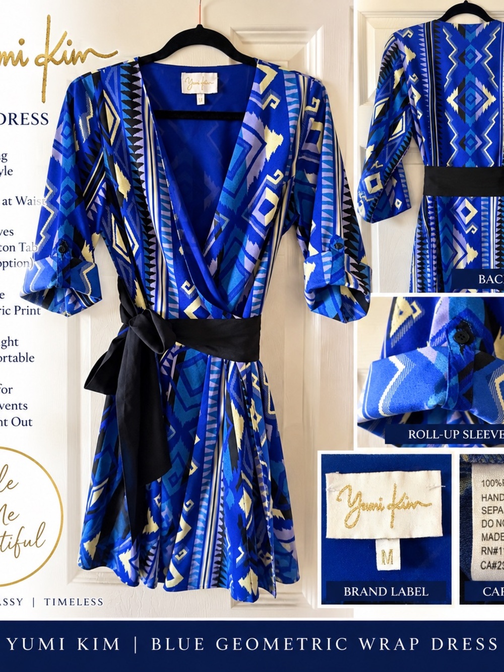 Yumi Kim Blue Geometric Wrap Dress Black Sash Roll Tab Sleeves M